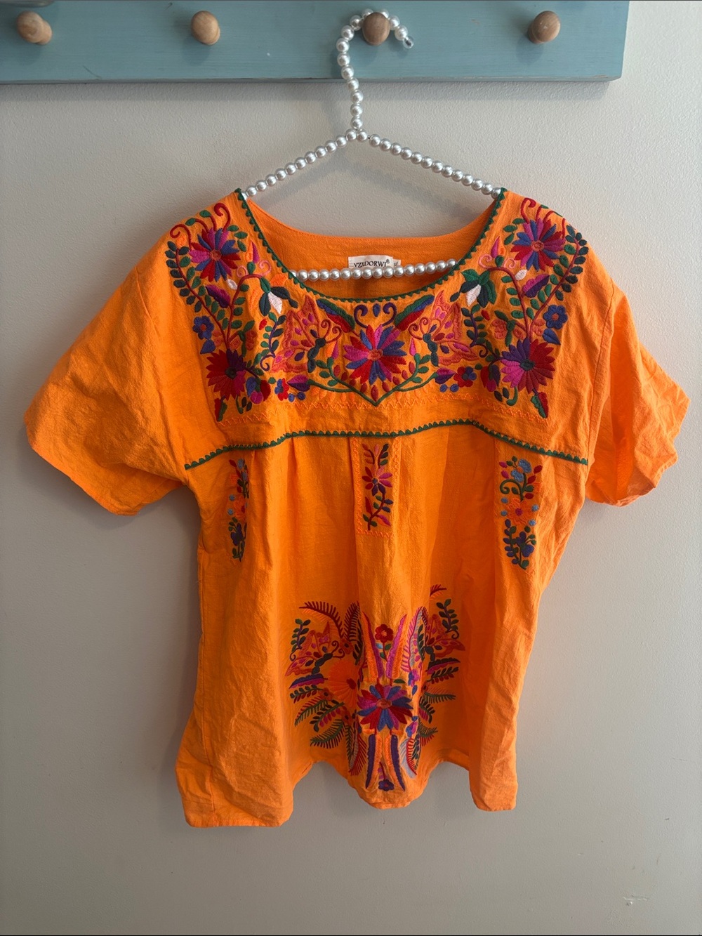 YZXDORWJ Mexican Peasant Blouse 2XL Orange Cotton Floral Embroidered Boho Top